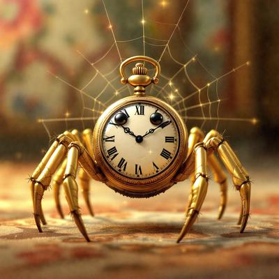 The primary subject of the image is a gold clock with a spider design. The clock is placed on a carpet, which serves as the setting or background. The visual style of the image is a combination of photo and digital art, creating a unique and creative representation of the spider clock. The colors and mood of the image are predominantly gold and warm, giving the scene a sense of elegance and charm.